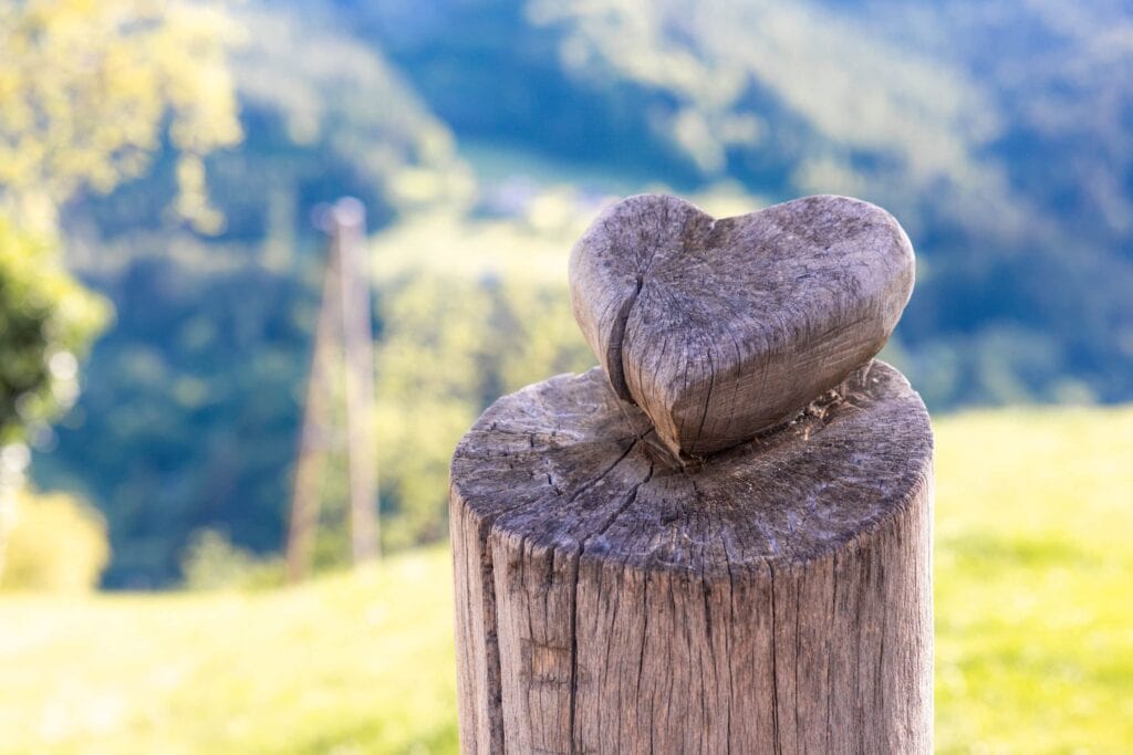 Herzförmiger Stein auf Holzpfosten vor ländlicher Landschaft.